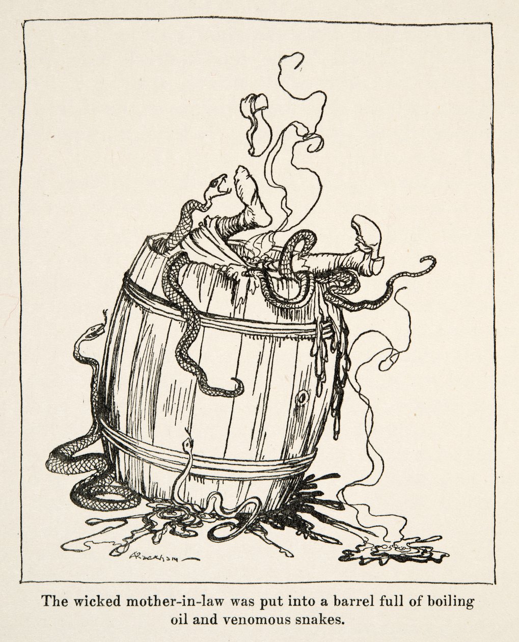 De boze schoonmoeder werd in een vat vol kokende olie en giftige slangen gestopt, uit Kleine Broer & Kleine Zus en andere verhalen door de Gebroeders Grimm, pub.1917 door Arthur Rackham