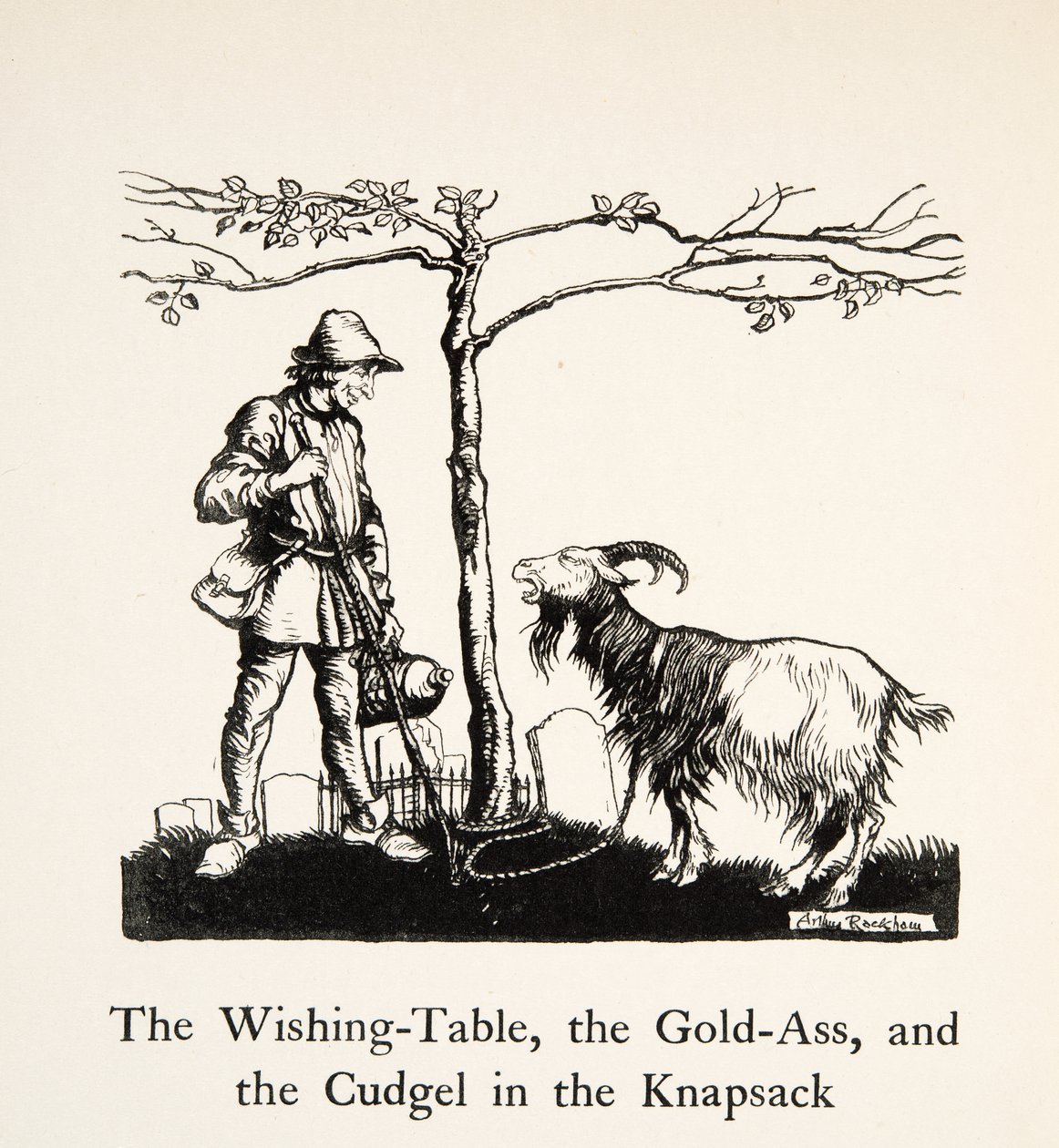 De Wensentafel, de Gouden Ezel en de Knots in de Rugzak, uit Kleine Broer & Kleine Zus en Andere Verhalen door de Gebroeders Grimm, pub.1917 (litho) door Arthur Rackham