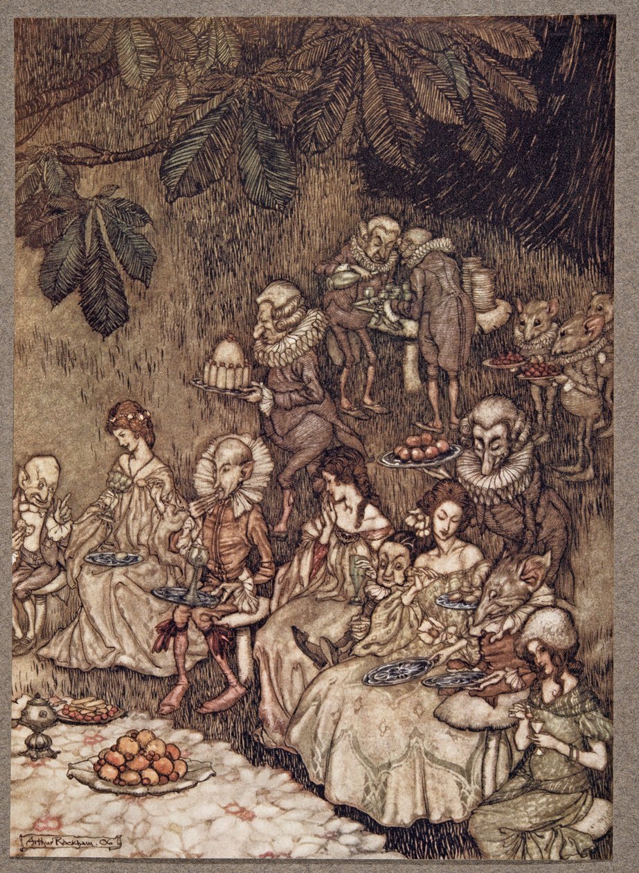 De feeën zitten rond op paddenstoelen en aanvankelijk gedragen ze zich goed, uit Peter Pan in Kensington Gardens door J M Barrie (1860 - 1937), pub. 1906 door Arthur Rackham