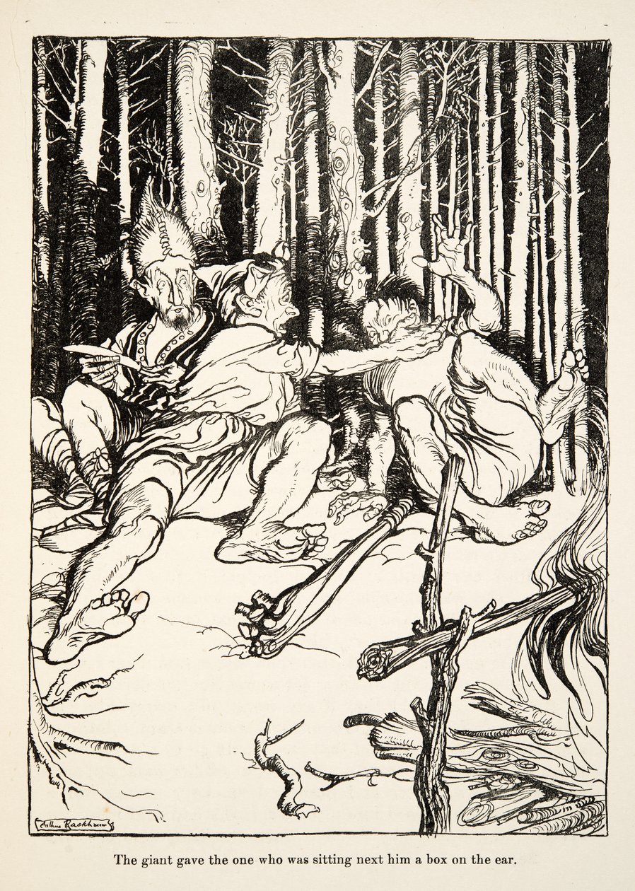 De reus gaf degene die naast hem zat een klap op het oor, uit Kleine Broer & Kleine Zus en Andere Verhalen door de Gebroeders Grimm, pub.1917 (litho) door Arthur Rackham