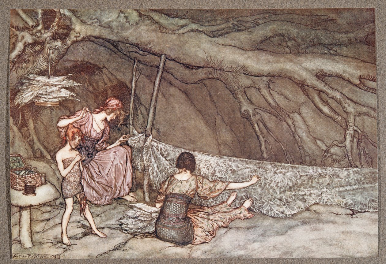 De kleine mensen weven hun zomergordijnen van skeletbladeren .., uit Peter Pan in Kensington Gardens door J M Barrie (1860 - 1937), pub. 1906 door Arthur Rackham