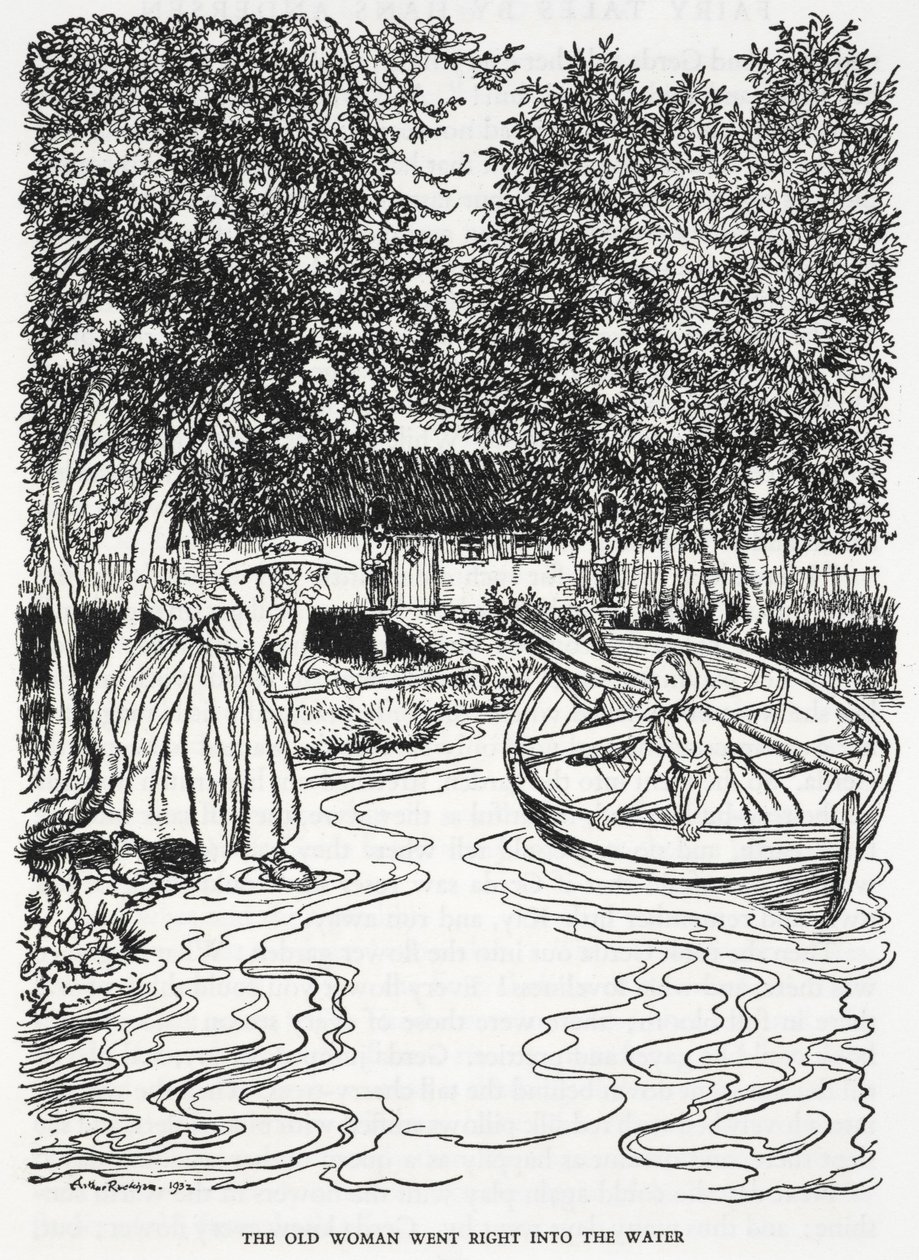 "De oude vrouw ging recht het water in". Illustratie voor 