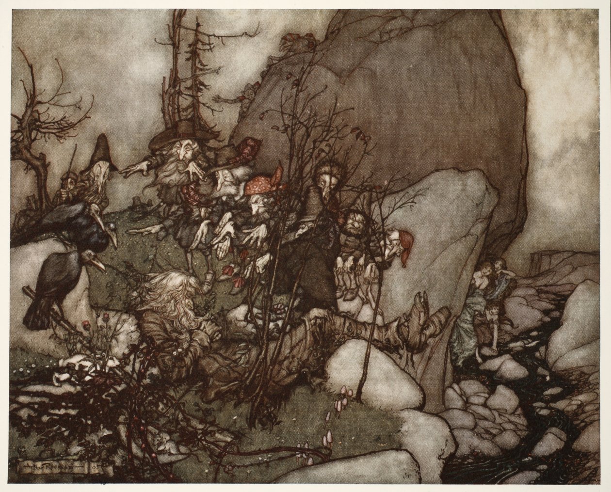 De slaap van Rip Van Winkle., uit Rip Van Winkle door Washington Irving, uitgegeven 1910 door Arthur Rackham