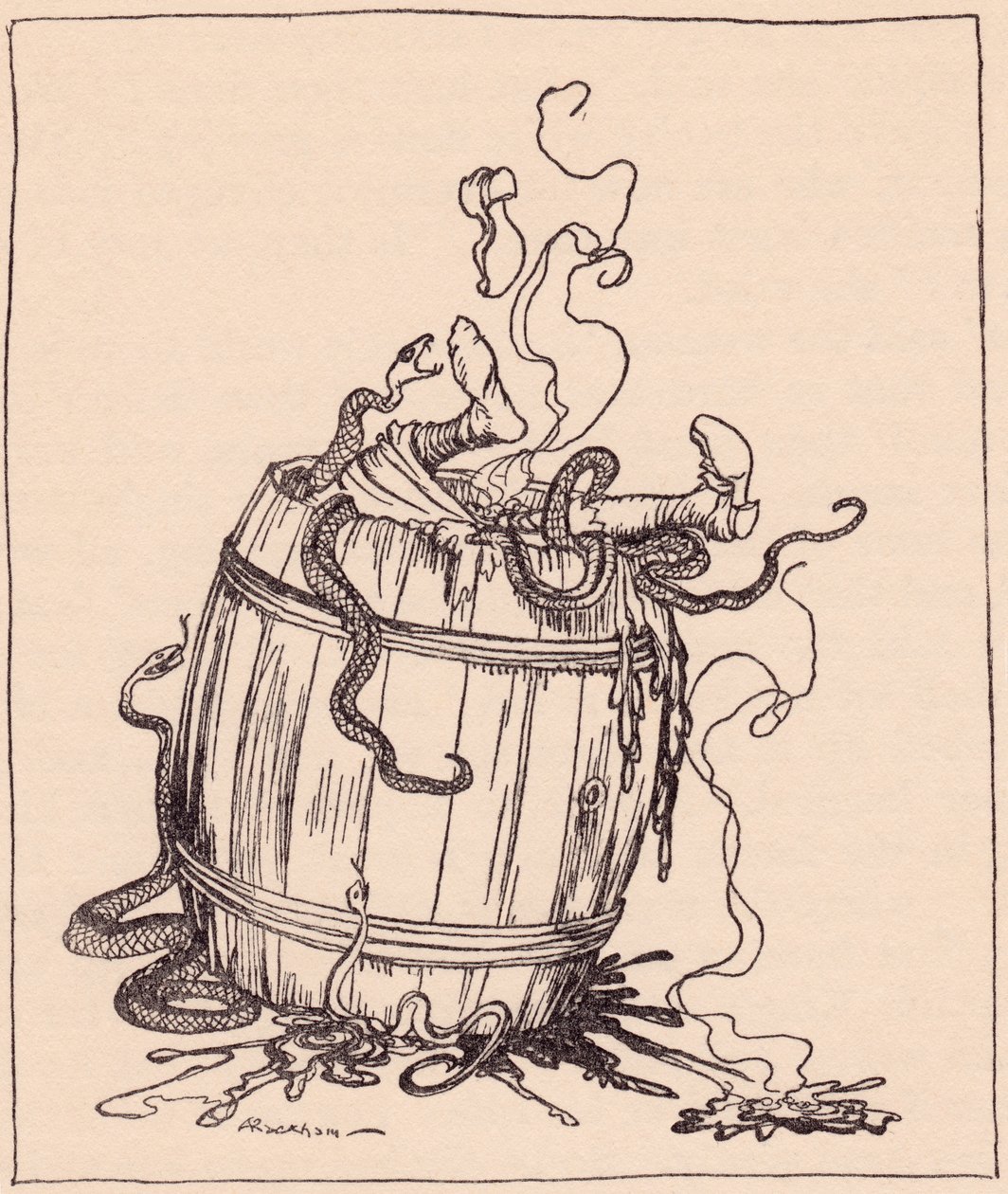 De gemene stiefmoeder werd in een vat vol kokende olie en giftige slangen gestopt. Illustratie door Arthur Rackham uit Grimm