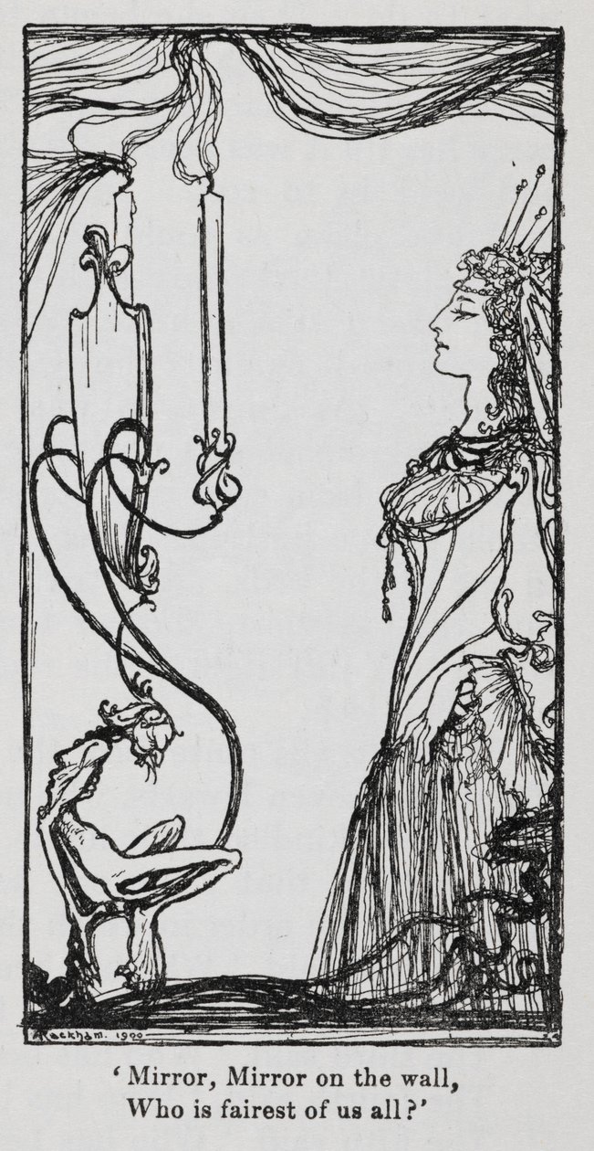 De boze koningin kijkt naar zichzelf in de spiegel van Sneeuwwitje door Arthur Rackham