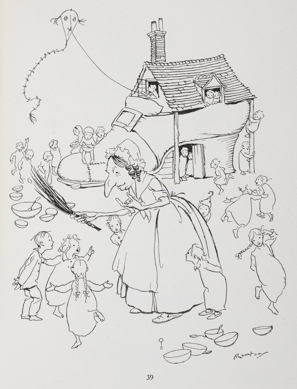 Er was eens een oude dame die in een schoen woonde. Vrouw met een schoenhuis en veel kinderen. door Arthur Rackham