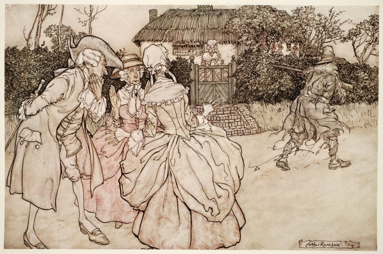 Ze staarden hem allemaal aan met gelijke tekenen van verbazing en streelden onvermijdelijk hun kinnen, uit Rip Van Winkle door Washington Irving, pub. 1910 door Arthur Rackham