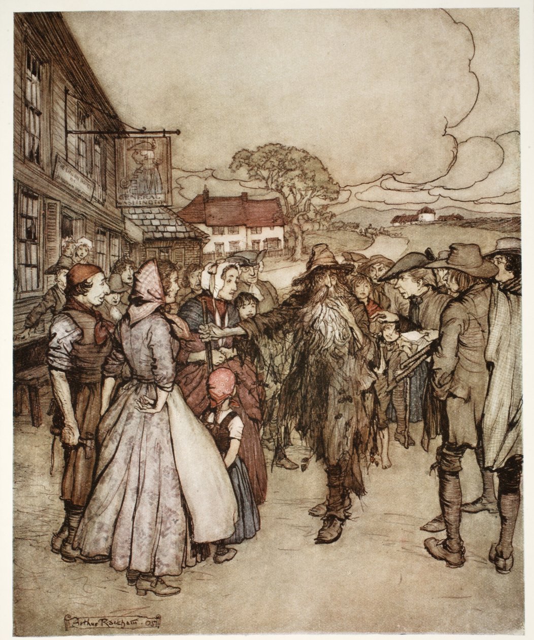 Ze verdrongen zich om hem heen en bekeken hem van top tot teen met grote nieuwsgierigheid., uit Rip Van Winkle door Washington Irving, uitgegeven 1910 door Arthur Rackham