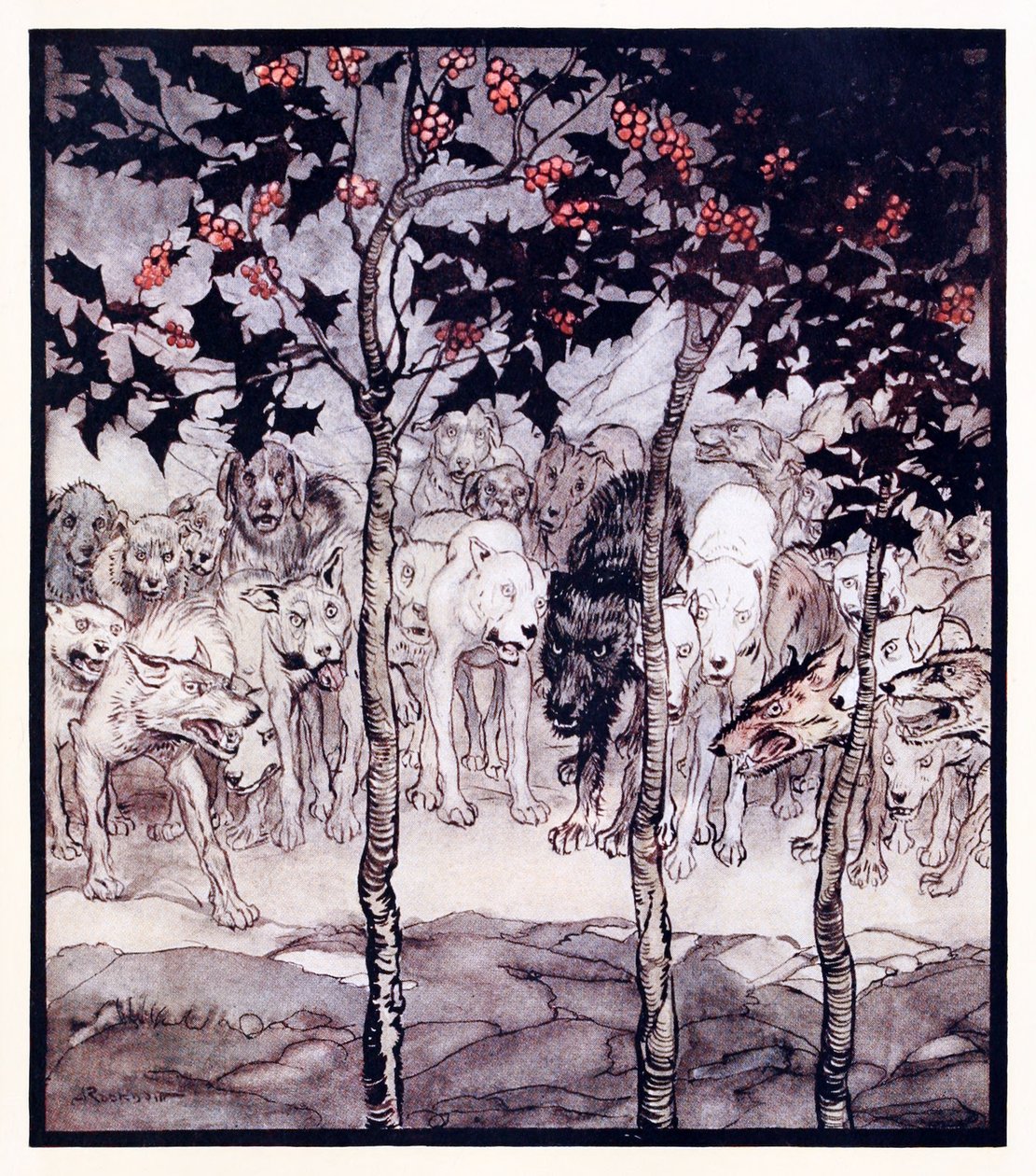 Ze stonden buiten, vervuld van woede en angst, uit De betoverde grot van Cesh Corran in Ierse sprookjes door Arthur Rackham