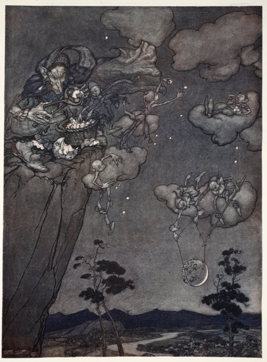 Ze werden geregeerd door een oude squaw-geest die de nieuwe manen aan de hemel hing en de oude in sterren sneed., uit Rip Van Winkle door Washington Irving, uitgegeven 1910 door Arthur Rackham