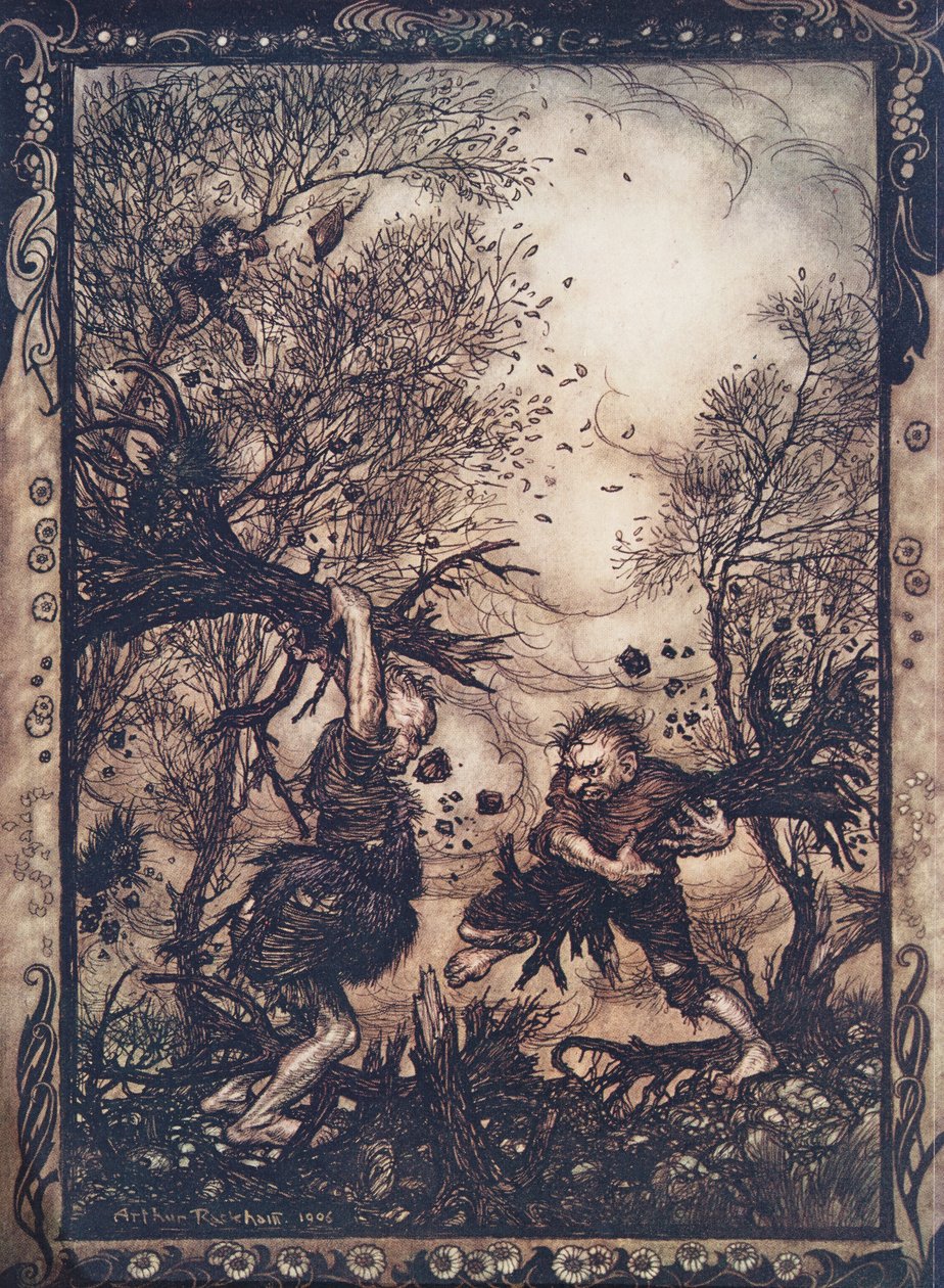 Ze werkten zichzelf zo in een razernij dat ze bomen met wortel en al uittrokken en op elkaar inhakten tot ze beiden dood neervielen, uit De Sprookjes van de Gebroeders Grimm, pub. 1909 door Arthur Rackham