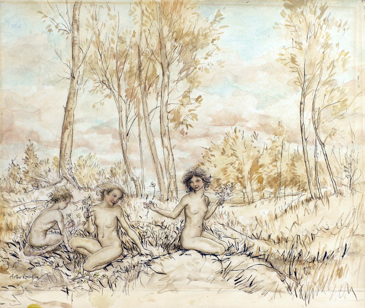 Drie Houtnimfen die Bloemen Verzamelen door Arthur Rackham
