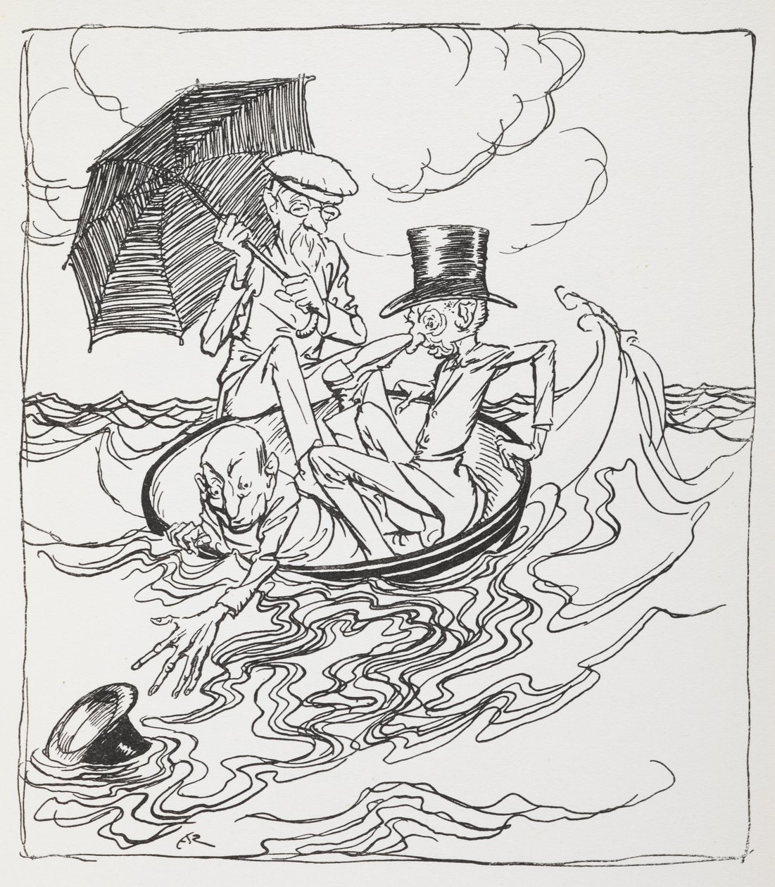 Drie mannen in een kom op zee door Arthur Rackham