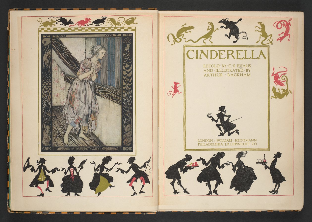 Titelpagina en frontispice uit Assepoester, naverteld door C.S. Evans, en geïllustreerd door Arthur Rackham door Arthur Rackham