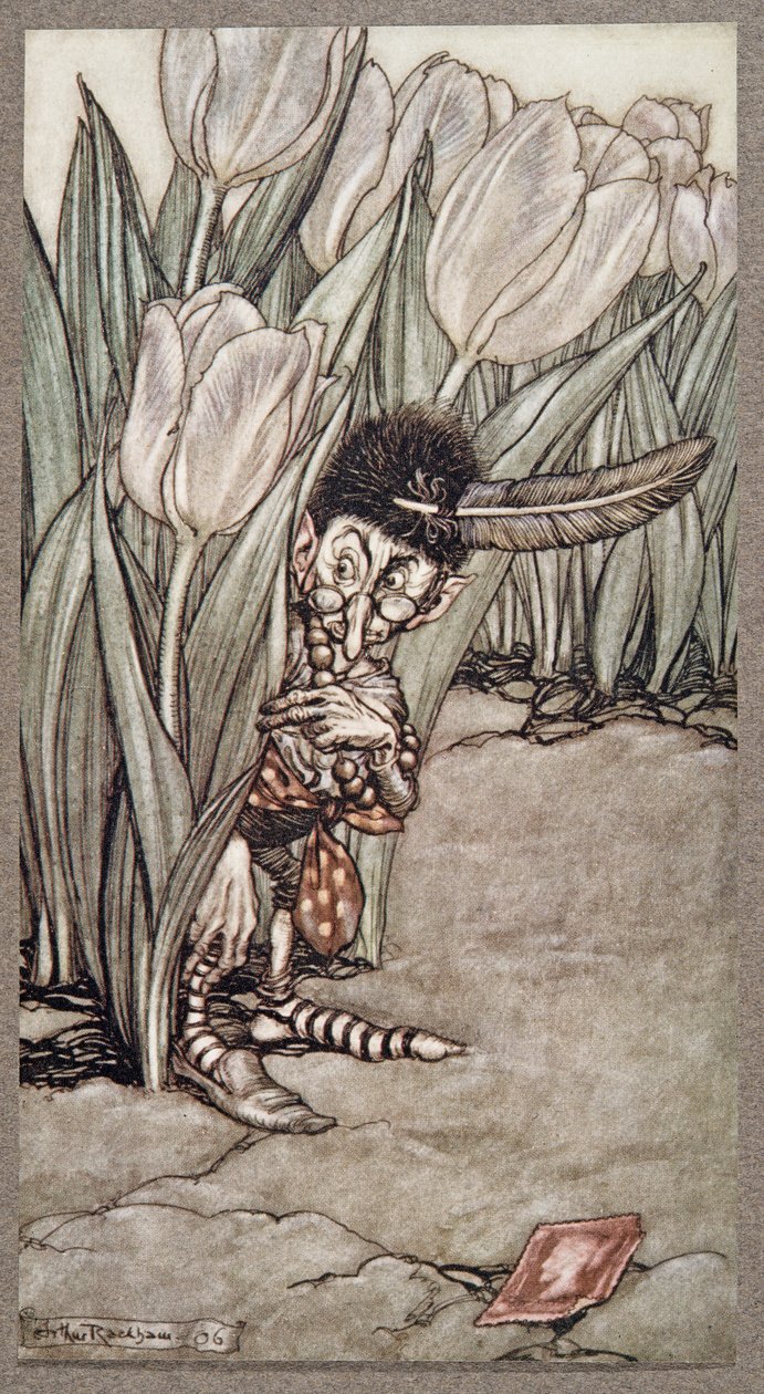 Toen hij Peters stem hoorde, dook hij geschrokken achter een tulp, uit Peter Pan in Kensington Gardens door J M Barrie (1860 - 1937), pub. 1906 door Arthur Rackham