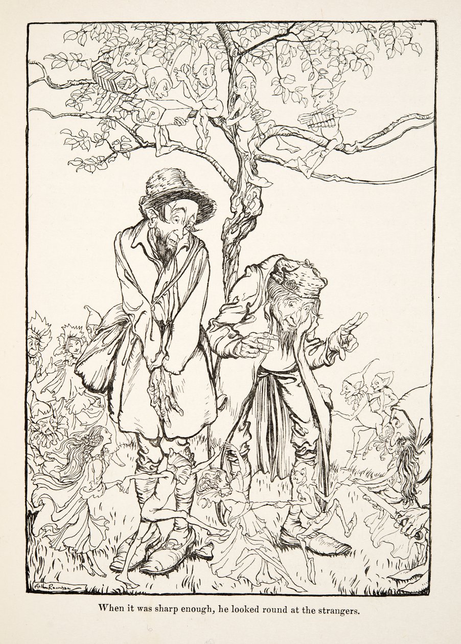 Toen het scherp genoeg was, keek hij rond naar vreemden, uit Kleine Broer & Kleine Zus en Andere Verhalen door de Gebroeders Grimm, pub.1917 (litho) door Arthur Rackham