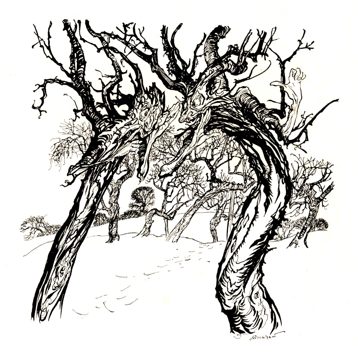 Fluisterende bomen, uit A Dish of Apples door Arthur Rackham