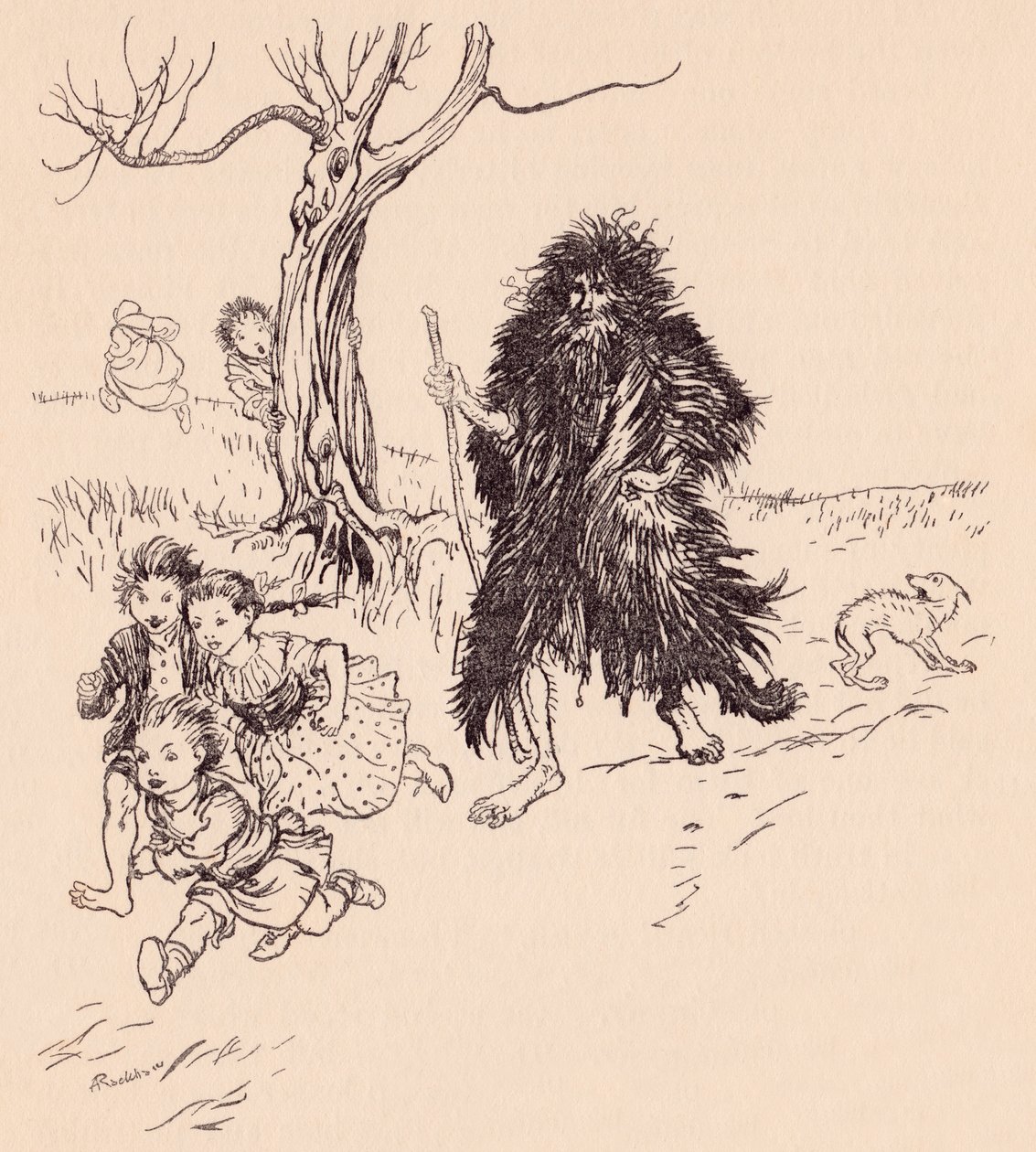 Wie hem zag, rende weg. Illustratie door Arthur Rackham uit Grimm