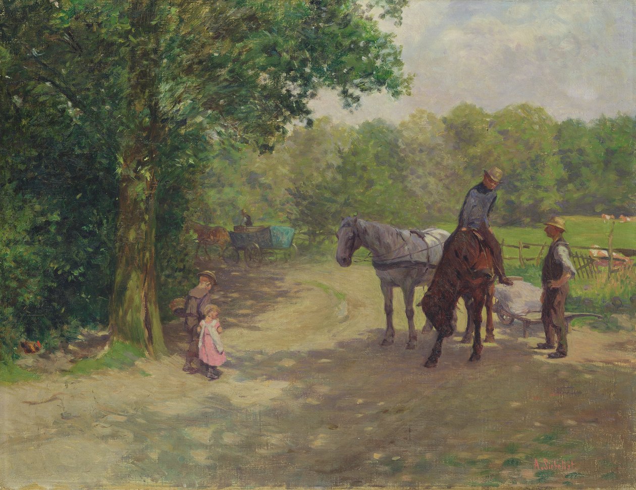 Landschap met paard en wagen door Arthur Siebelist