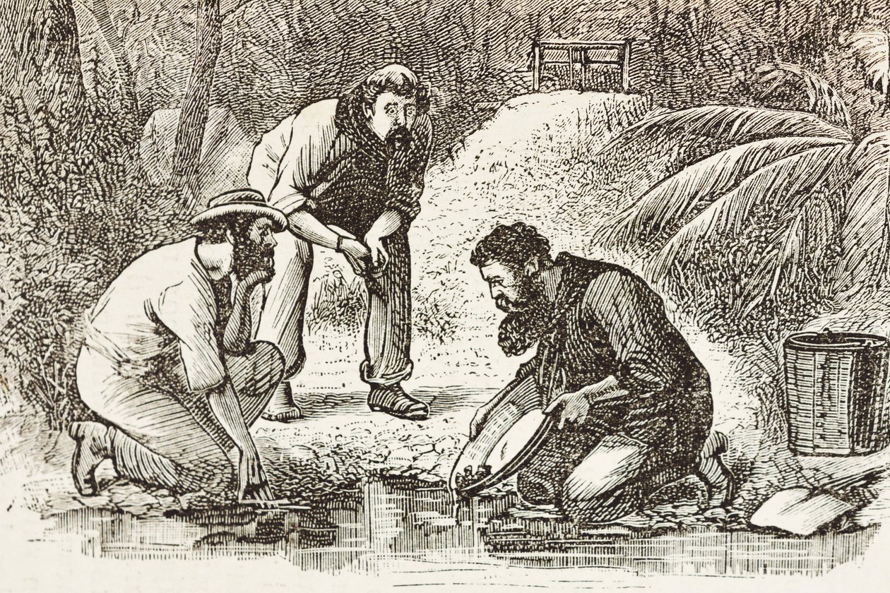 Australië (1880). Het leven van de goudzoekers in Botany Bay (gesticht in 1788). Gravure. Privécollectie door Artist Unknown