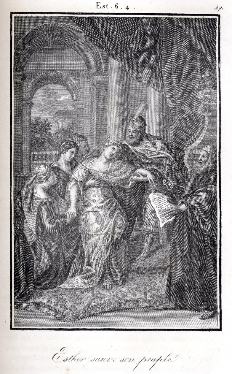 Bijbel, Esther redt haar volk door Ahaseveros te vertellen dat Haman van plan was haar te doden (gravure) door Artist Unknown