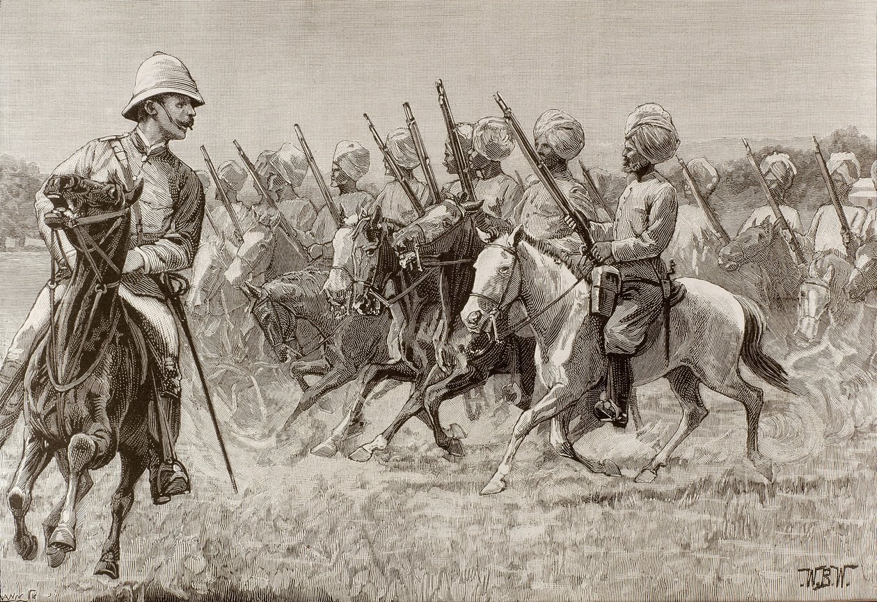 Brits rijk (19e eeuw). De nieuwe regimenten van Birma. Compagnie van gemonteerde infanterie van het tweede regiment. Gravure. door Artist Unknown