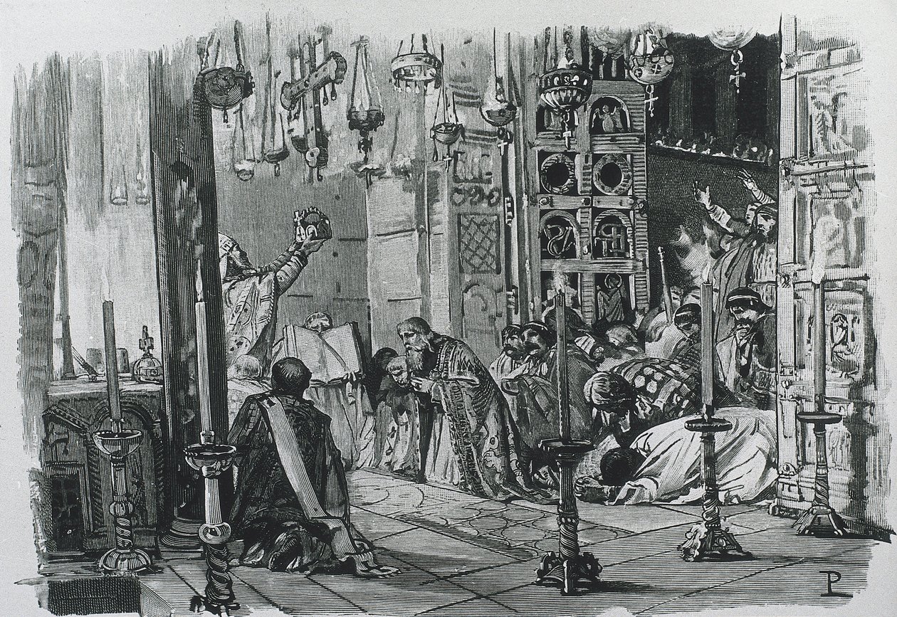 KAREL DE GROTE of KAREL I (742-814). Koning van de Franken en de Longobarden (768-814) en Heilige Roomse Keizer (800-814). Kroning van Karel de Grote als Heilige Roomse Keizer (800). Gravure. door Artist Unknown