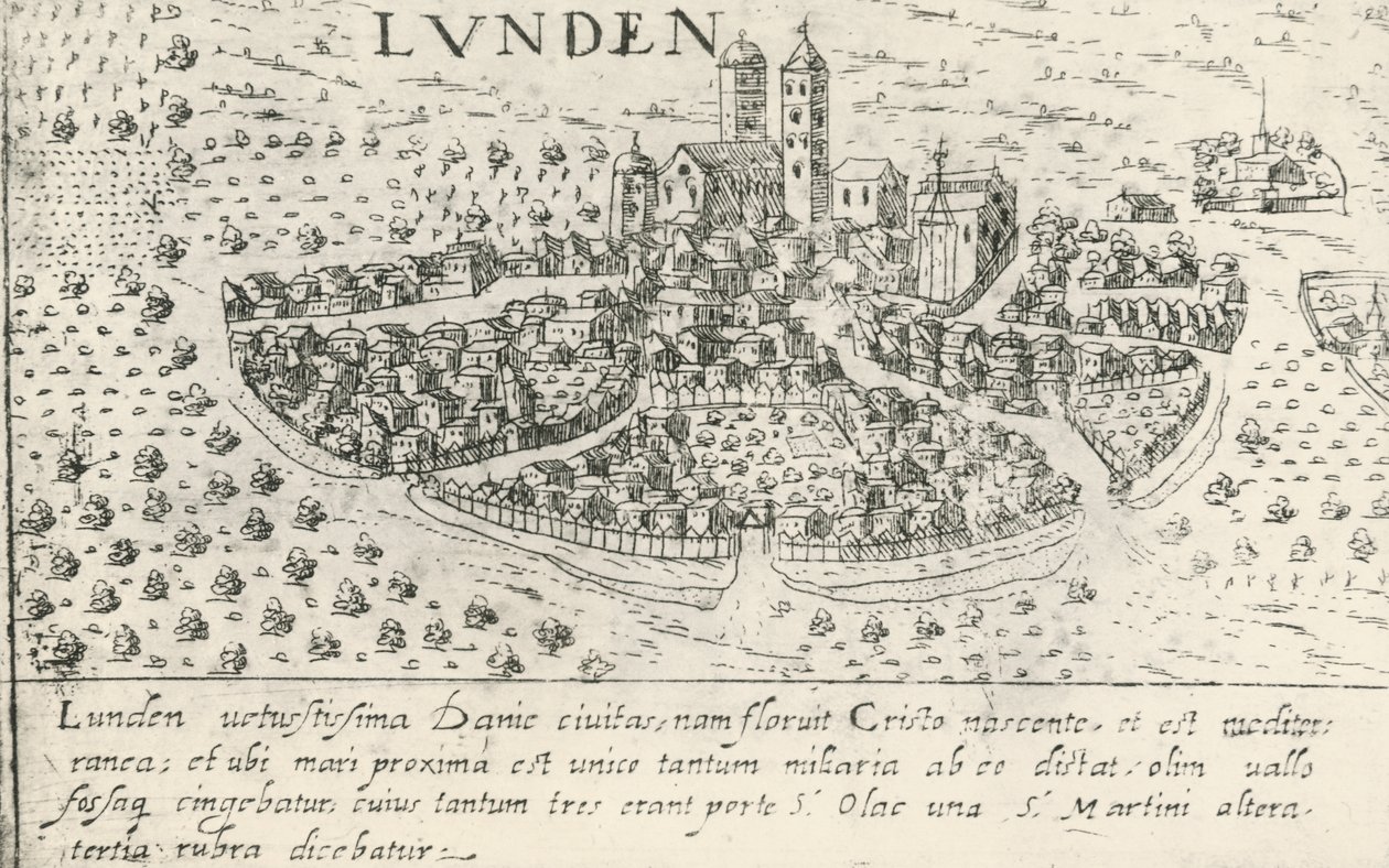 Stad Lund, die in de Middeleeuwen bij Denemarken hoorde, gravure door Artist Unknown