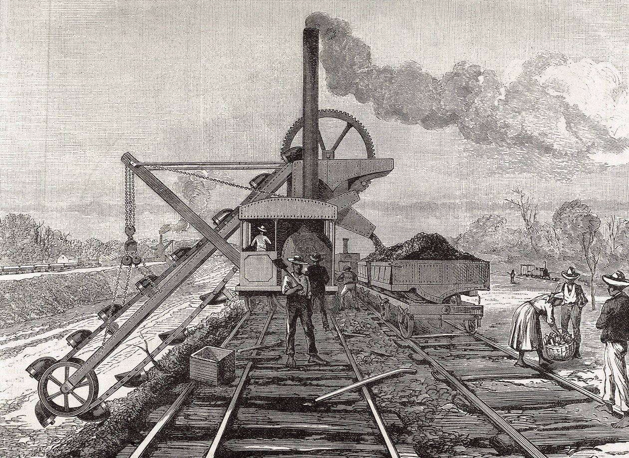 Constructie van het Panamakanaal. Baggerwerkzaamheden in het dorp Culebra. Originele tekening door Meltor Prior. Afbeelding gepubliceerd in "The Illustrated London News". Gravure. door Artist Unknown
