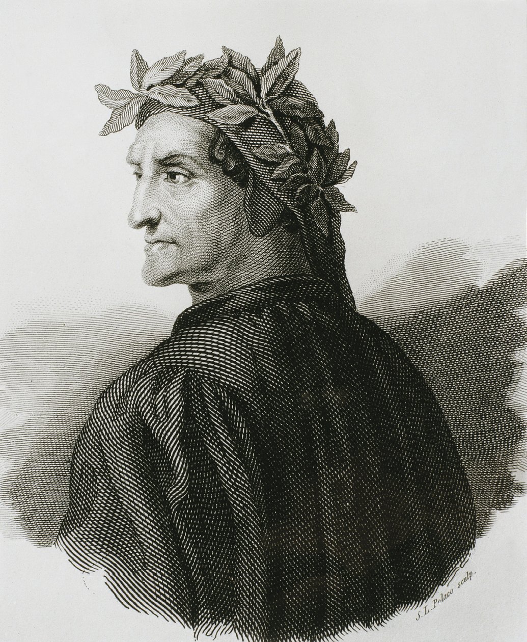 Dante Alighieri (1265-1321). Italiaanse dichter.; Raphael (1483-1520). Reproductie van een fresco van Raphael. Gravure. door Artist Unknown