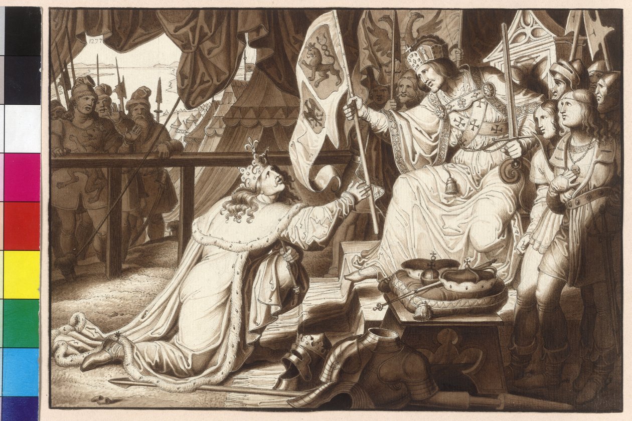 Keizer Rudolf beleent koning Ottokar met Bohemen en Moravië door Artist Unknown