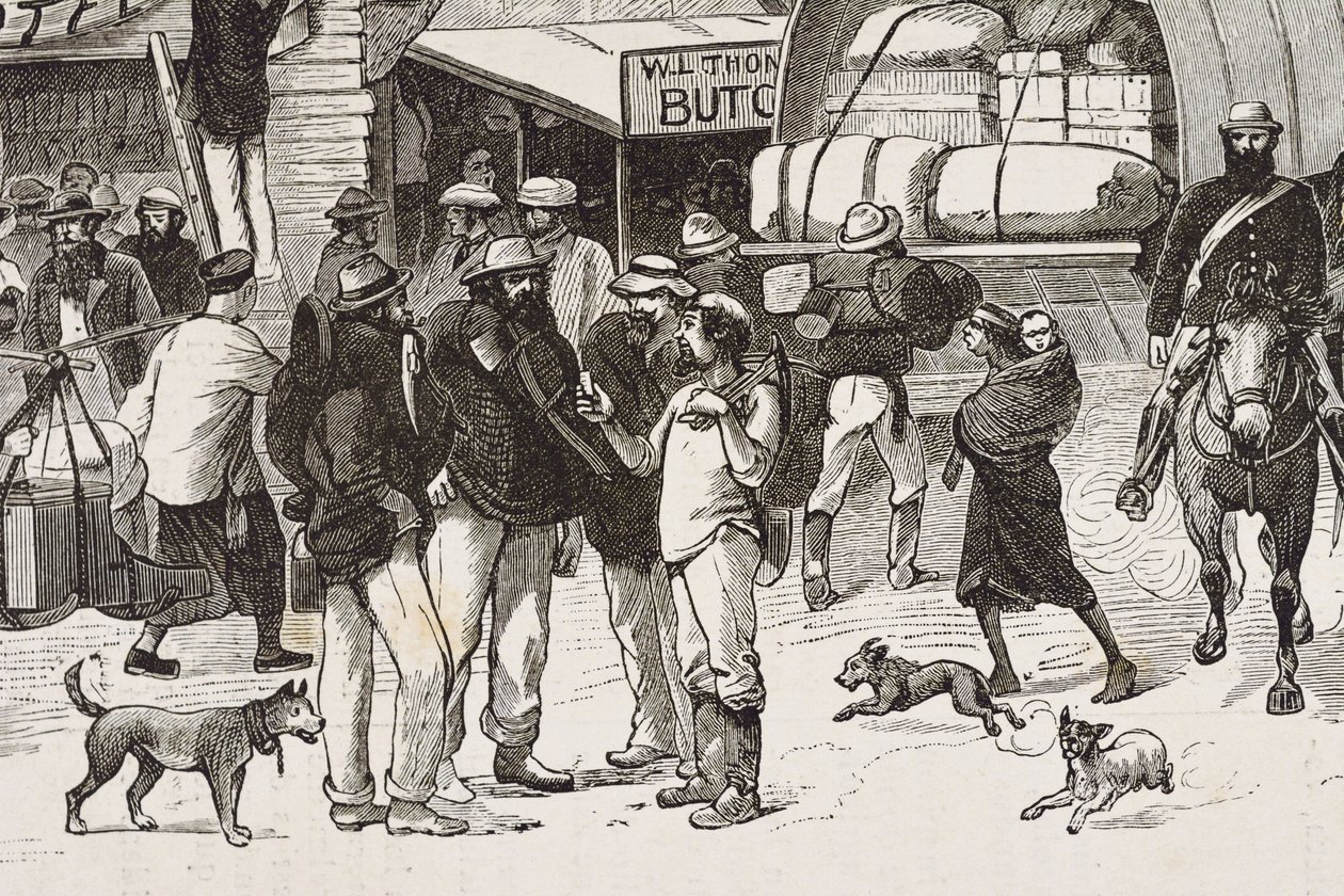 Engeland (19e eeuw). Kolonisatie (1880). Het leven van de goudzoekers in Australië. Engelse kolonie Botany Bay (gesticht in 1788) en aanvankelijk voornamelijk bevolkt door criminelen die goudzoekers en handelaren werden. Gravure. Privécollectie door Artist Unknown