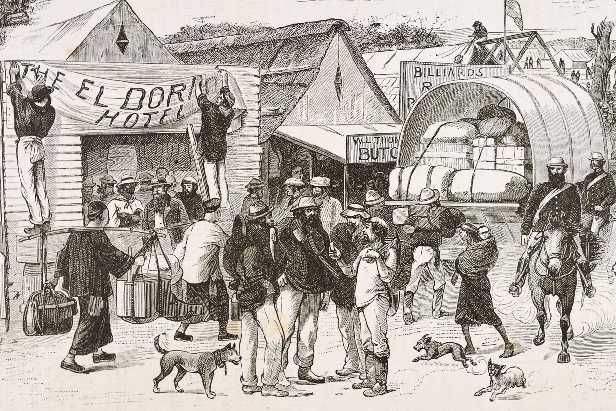 Engeland (19e eeuw). Kolonisatie (1880). Het leven van de goudzoekers in Australië. Engelse kolonie Botany Bay (gesticht in 1788) en aanvankelijk voornamelijk bevolkt door criminelen die goudzoekers en handelaren werden. Gravure. Privécollectie door Artist Unknown