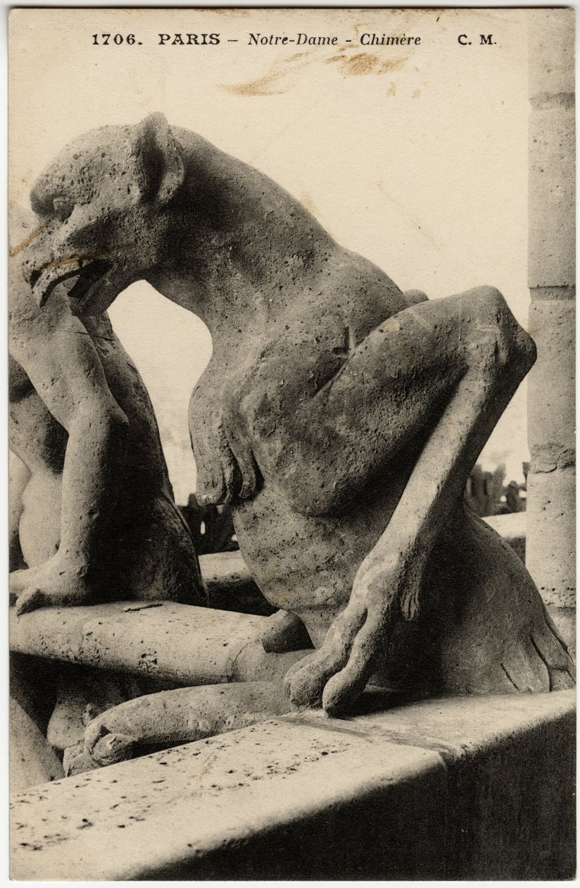 Waterspuwer of chimère van de kathedraal Notre Dame de Paris gebouwd tussen 1163 en de 14e eeuw - Ansichtkaart, Selva collectie door Artist Unknown