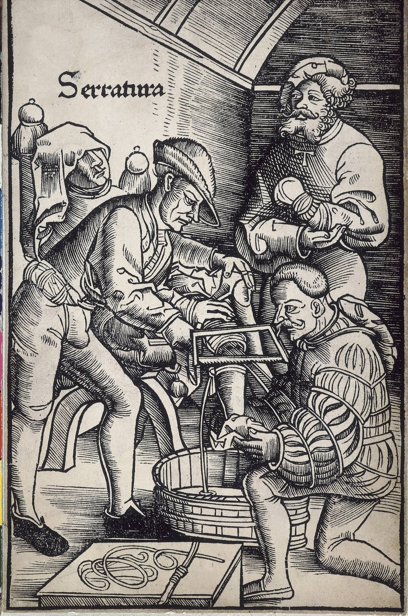 Gersdorff, Hans von (1455 - 1529). Duitse chirurg. Amputatie van een been. Houtsnede door Hans Wechtlin voor het boek "Feldtbuch der Wundartzney" (Veldboek van chirurgie) door Artist Unknown