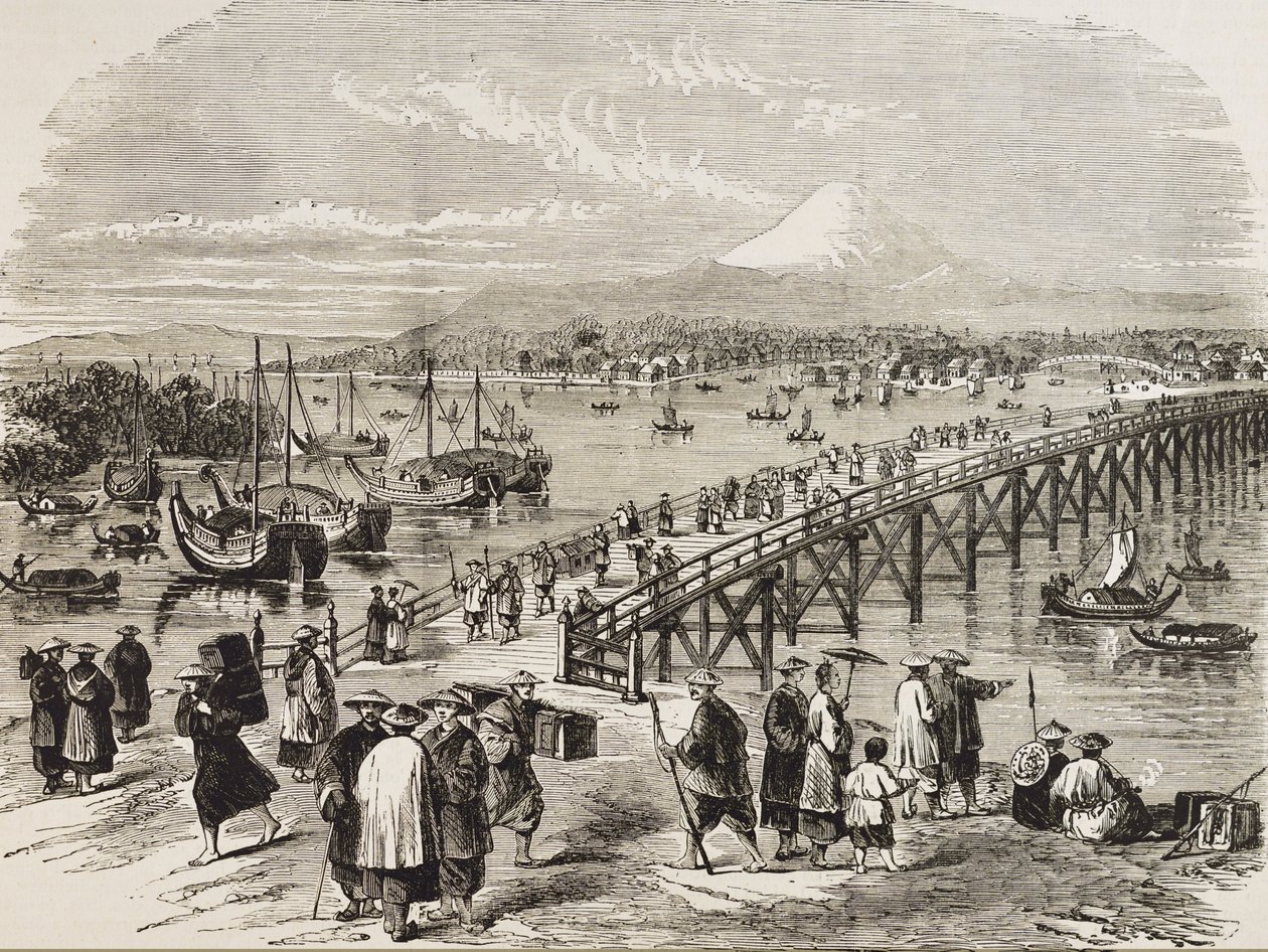 Japan (19e eeuw). Stad Edo, doorkruist door de Toniak-rivier. Gravure. Privécollectie door Artist Unknown