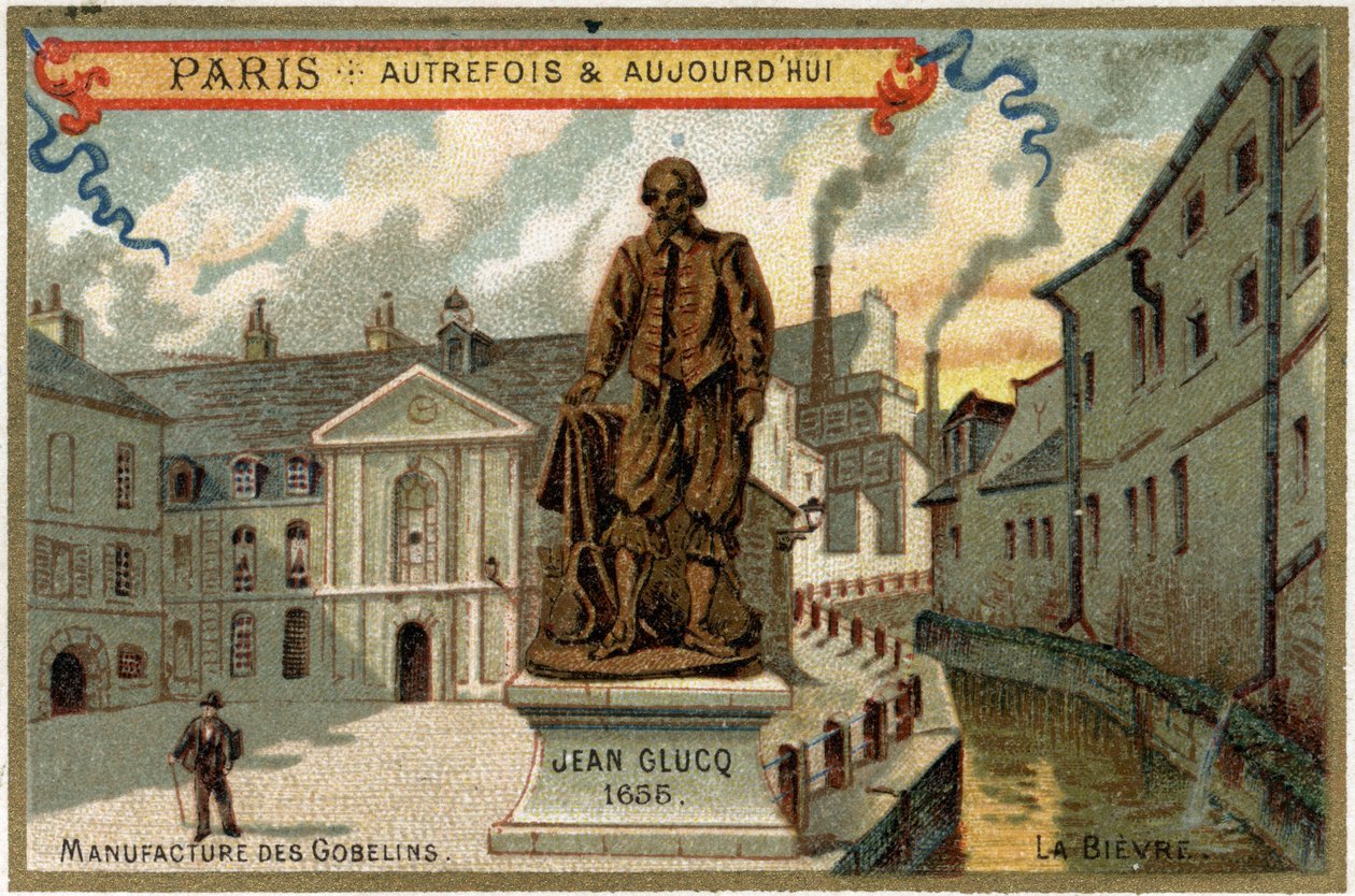 Vervaardiging van wandtapijten des Gobelins in Parijs. Standbeeld van Jean Glucq, die het verfproces in Frankrijk importeerde. door Artist Unknown
