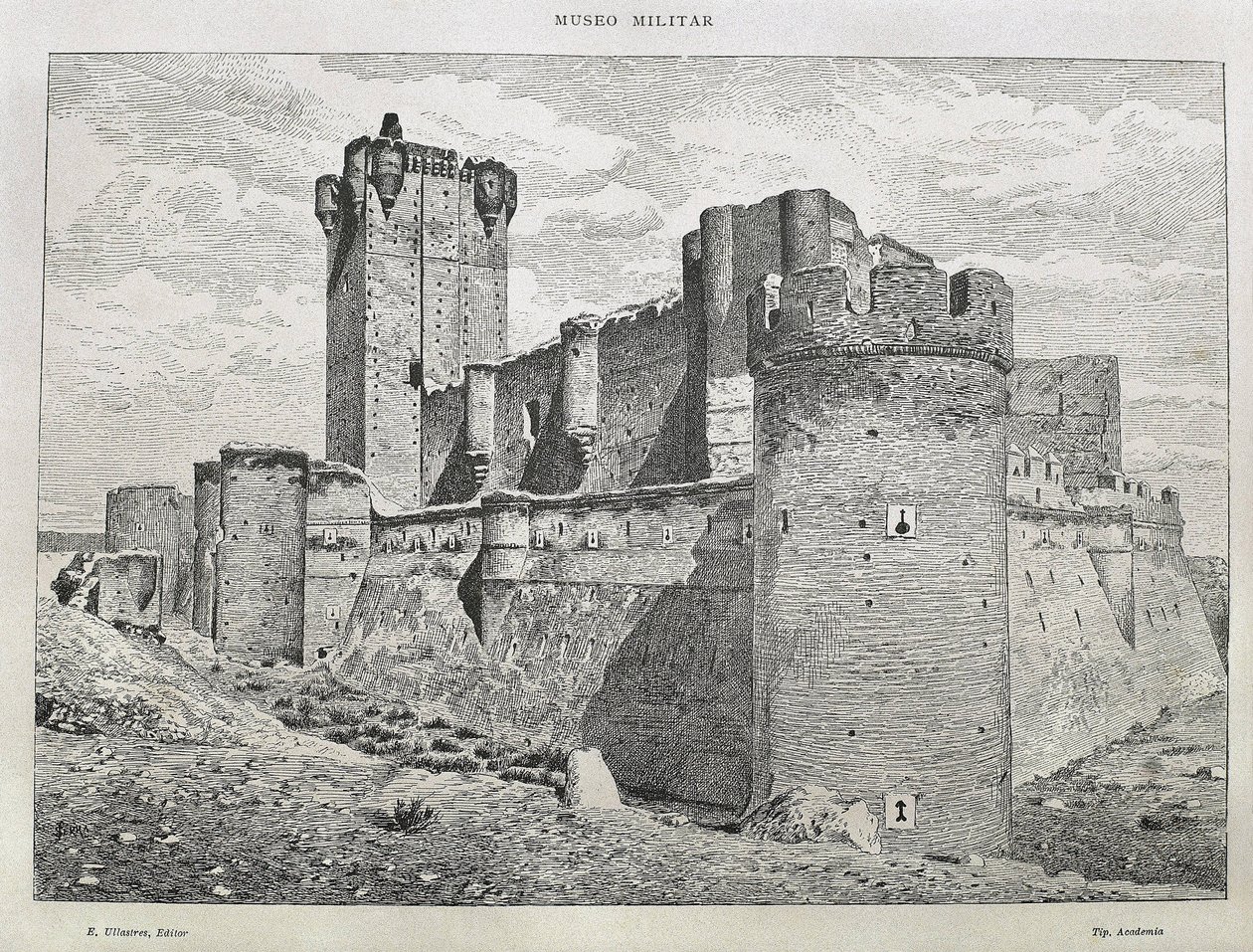 Medina del Campo. Het Mota-kasteel. Gravure. SPANJE. ARAGON. Zaragoza. Algemene Militaire Academie door Artist Unknown