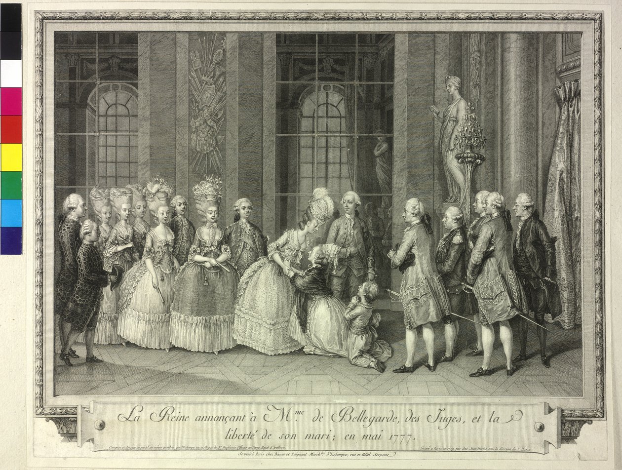 Koningin Marie Antoinette kondigt Madame de Bellegarde 1777 de vrijlating van haar echtgenoot aan door Artist Unknown