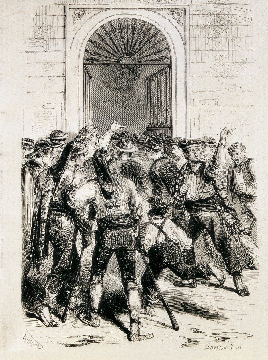 Spanje (1873). Uitroeping van de Eerste Republiek en bestorming van het stadhuis van Barcelona (11 februari 1873). Ets. door Artist Unknown