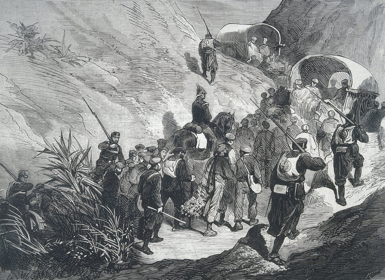 Spanje. Derde Carlistenoorlog. Carlistische gevangenen die door de bergen in Emporda (Catalonië) lopen. Gravure. door Artist Unknown