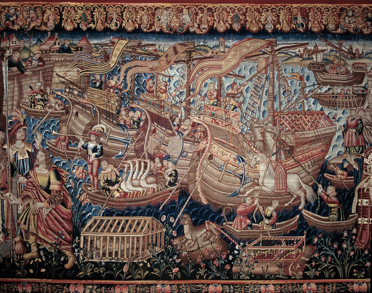 De Portugese navigator Vasco de Gama (1459-1524) kwam in 1498 aan in Calicut in India, detail, wandtapijt door Artist Unknown