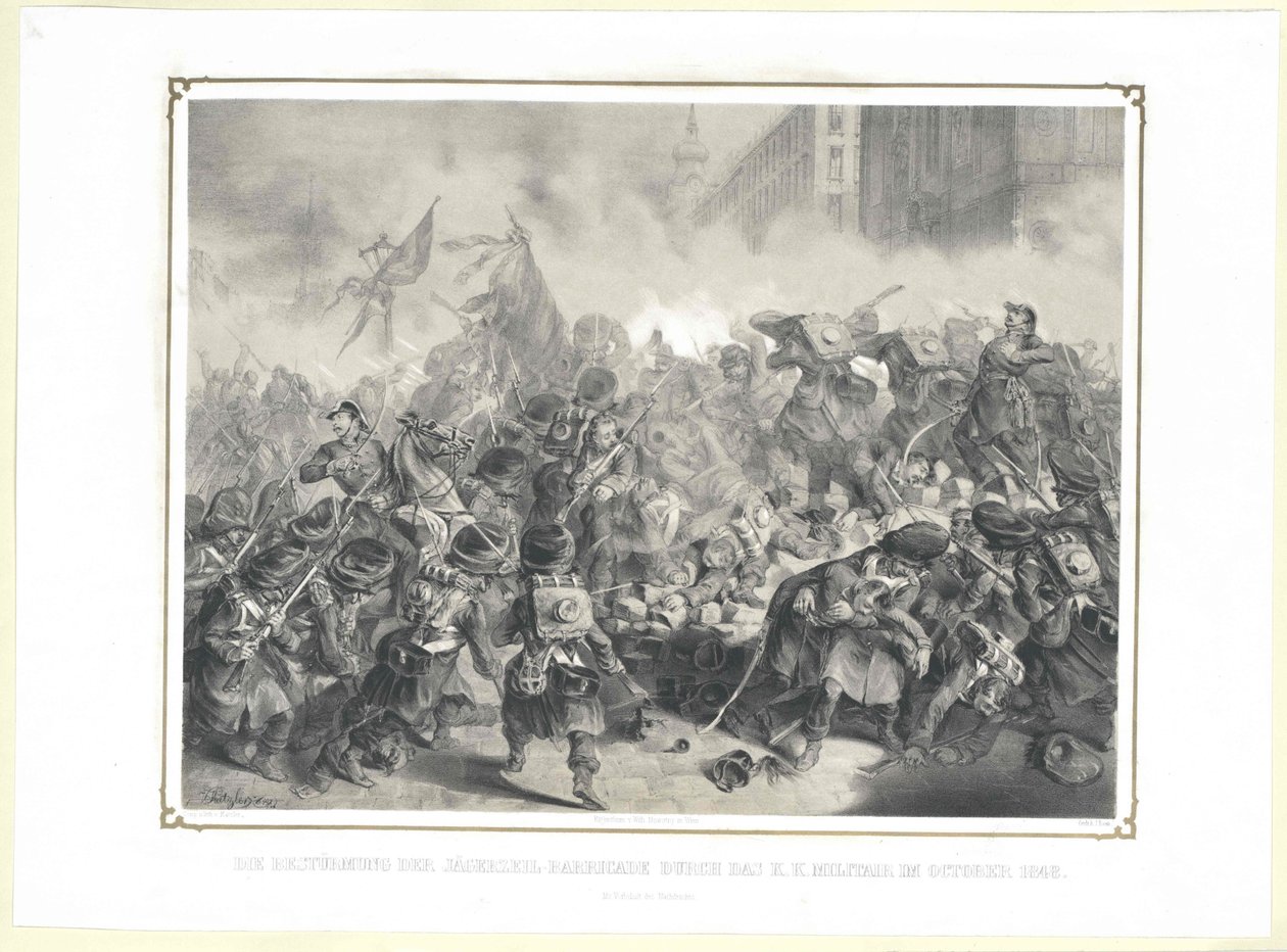 De aanval op de Jaegerzeil-barricade door het k.k. leger in oktober 1848 door Artist Unknown