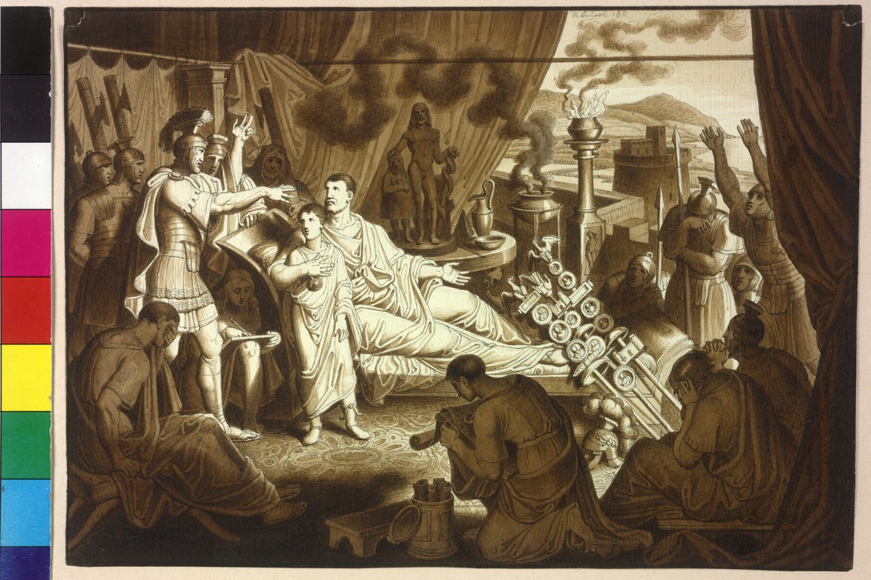 De stervende vrouw keizer Mark Aurel adviseert Pertinax zijn zoon Commodus door Artist Unknown