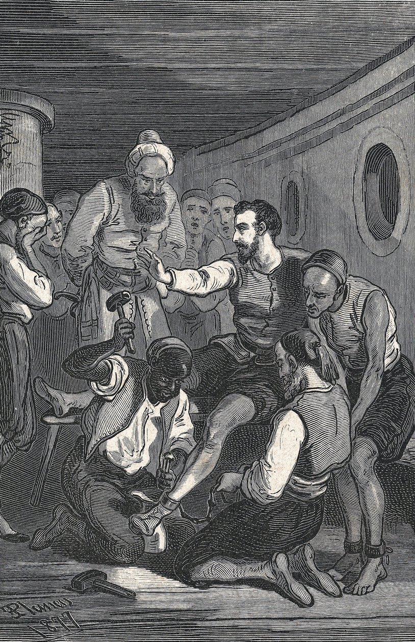Trinidadianen Fray Juan Gil en Fray Anton de la Bella bevrijdden Cervantes uit gevangenschap in Algiers in 1580 (gravure) door Artist Unknown