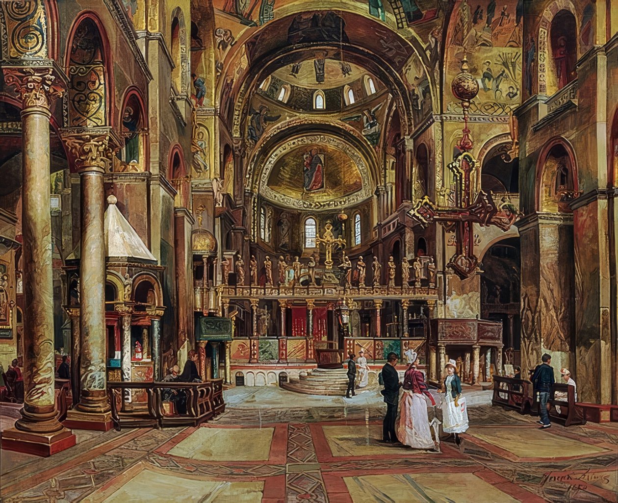 Binnen in de Basilica di San Marco, Venetië door Arturo Ferrari