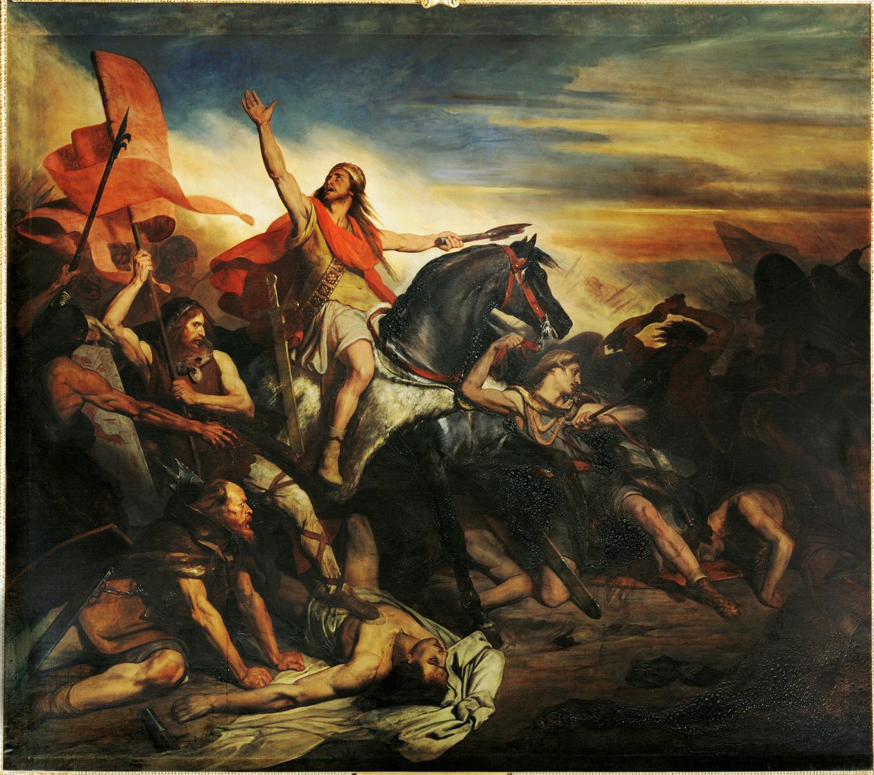 De slag bij Tolbiac tussen de Alamannen en de Franken van Siegbert ... (schilderij op doek) door Ary Scheffer