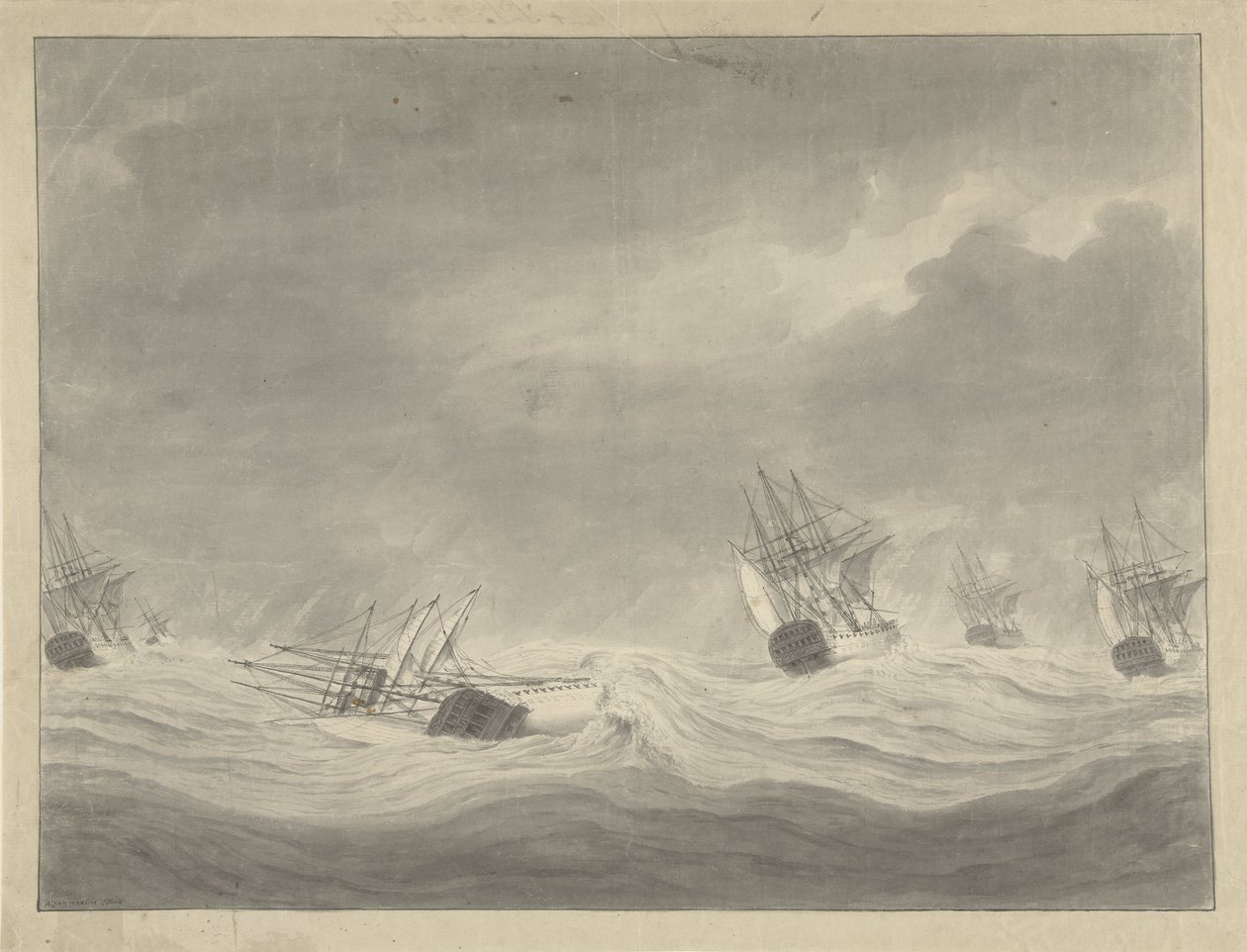 Het vergaan van het schip De Unie onder kapitein Graaf van Welderen op de Noordzee, 19 oktober 1782 door Ary van Wanum