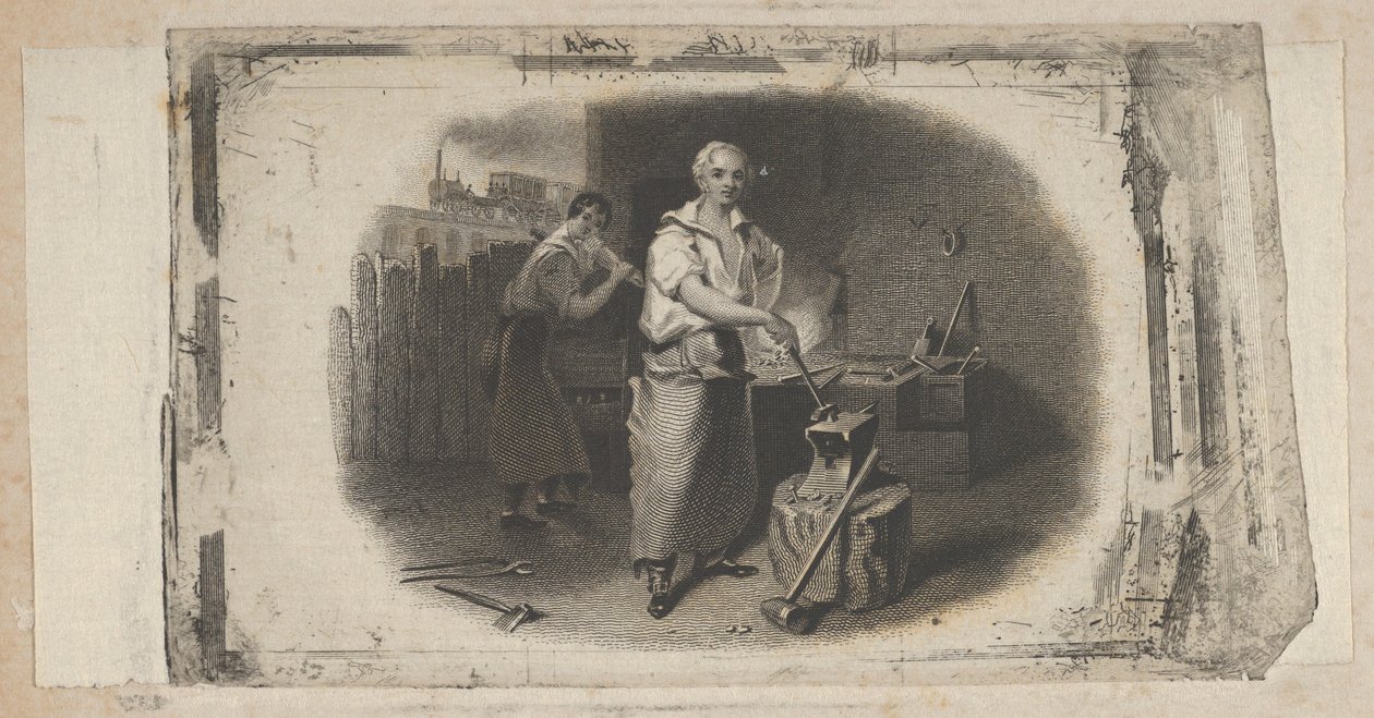 Bankbiljet vignet met een smid en smederij, ca. 1824-37 door Asher Brown Durand.
