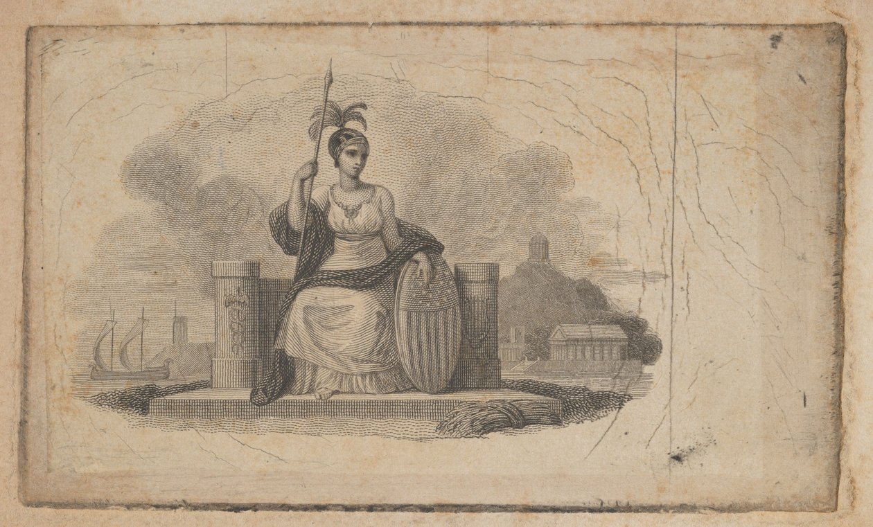 Bankbiljet vignet met vrouwelijke figuur die Amerika vertegenwoordigt, ca. 1824-37 door Asher Brown Durand.
